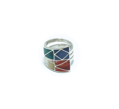 Geometrical silver ring with inlaid stones and shells - ITIncanTraditional