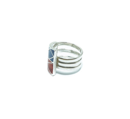 Geometrical silver ring with inlaid stones and shells - ITIncanTraditional