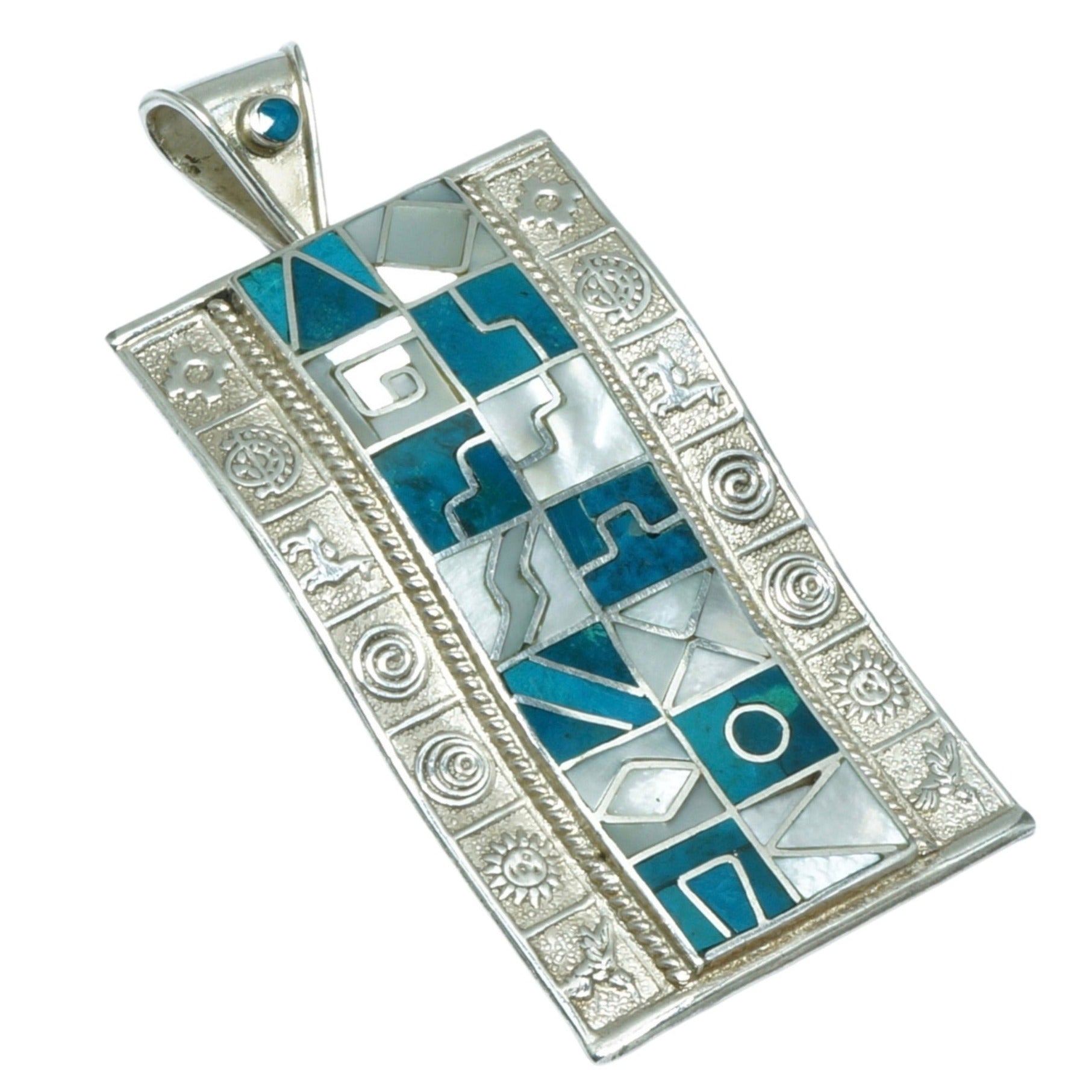 Incan Calendar luxury solid silver pendant with Turquoise and Nacre - ITIncanTraditional