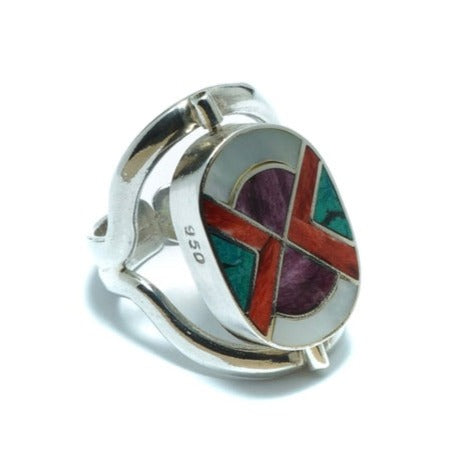 Incan double luxury silver ring with multiple stones and shells - ITIncanTraditional