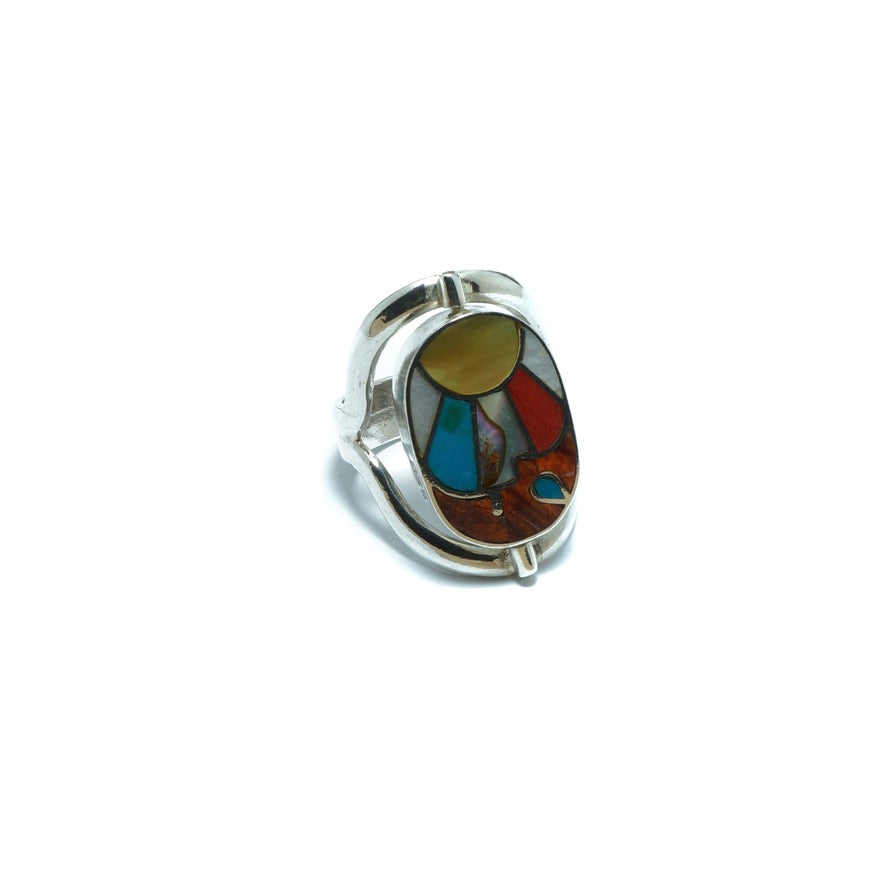 Incan double luxury silver ring with multiple stones and shells - ITIncanTraditional