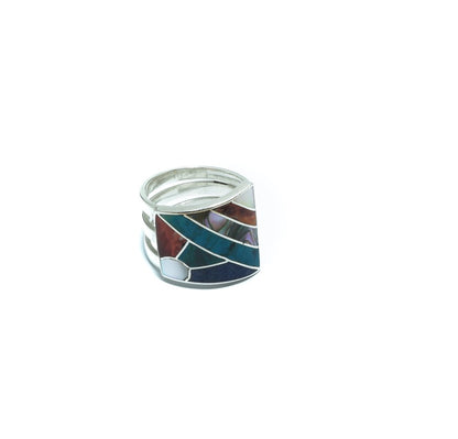 Geometrical silver ring with multiple inlaid stones and shells - ITIncanTraditional