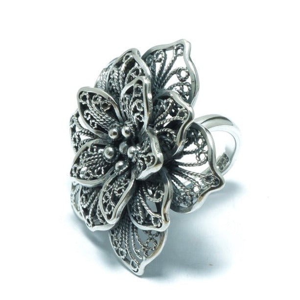 Ajustable luxury flower solid silver ring - ITIncanTraditional