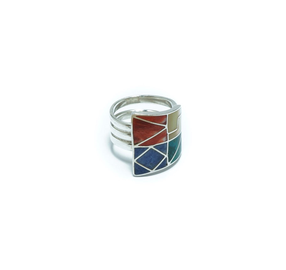 Geometrical silver ring with inlaid stones and shells - ITIncanTraditional