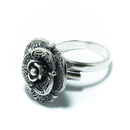 Rose luxury solid silver ring in oxidized silver - ITIncanTraditional