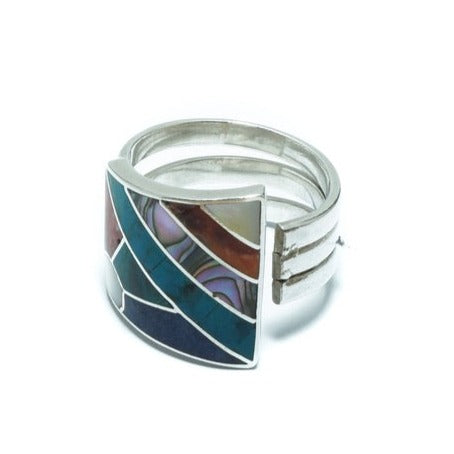 Geometrical silver ring with multiple inlaid stones and shells - ITIncanTraditional