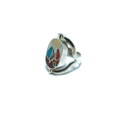 Incan double luxury silver ring with multiple stones and shells - ITIncanTraditional