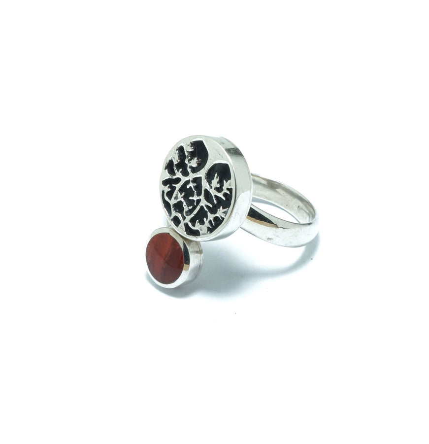 Tree of life elegant ring inlaid with orange Spondylus shell - ITIncanTraditional