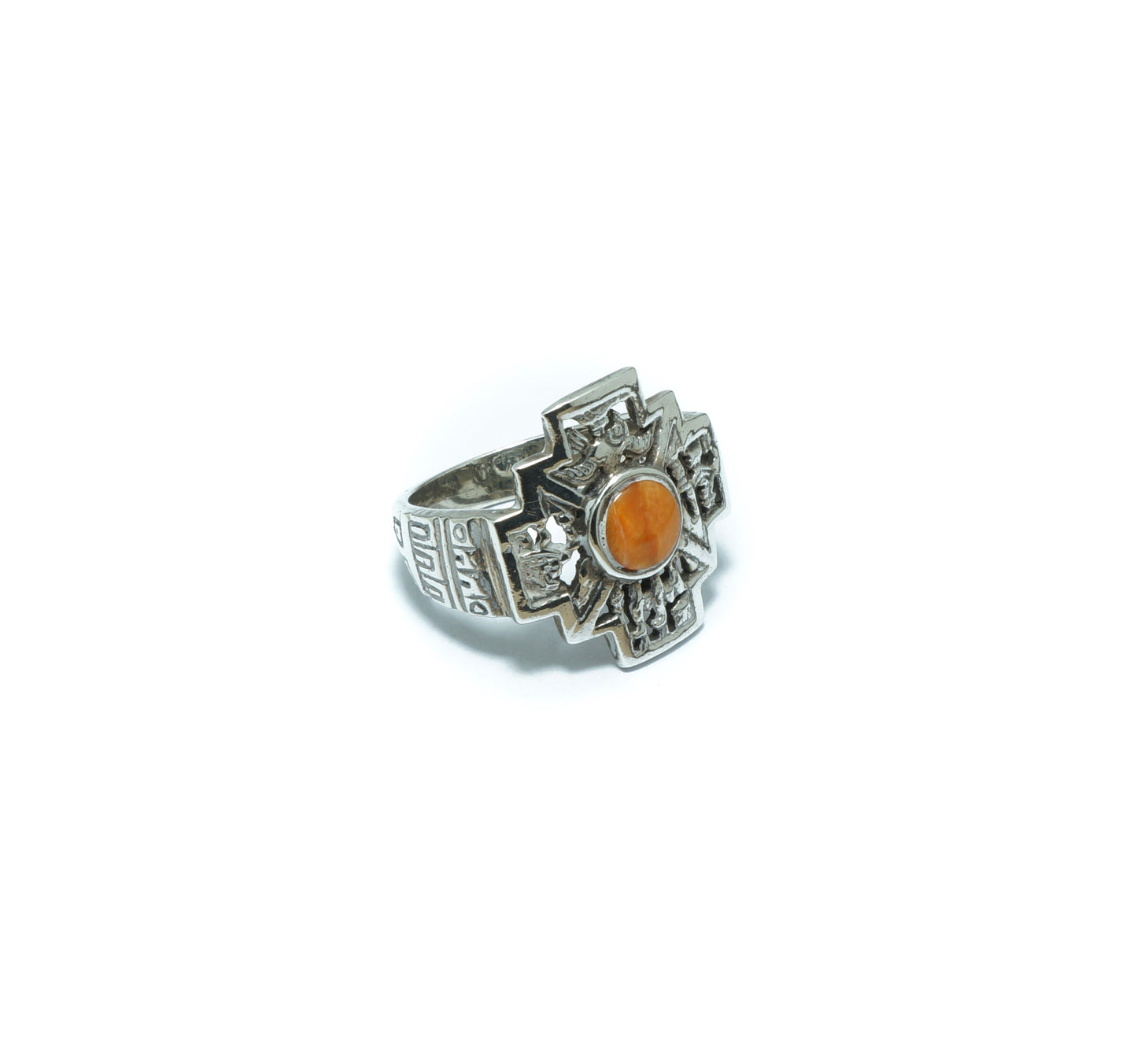 Chacana luxury solid silver ring with orange Spondylus shell - ITIncanTraditional