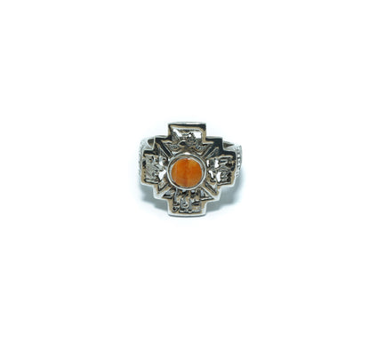 Chacana luxury solid silver ring with orange Spondylus shell - ITIncanTraditional