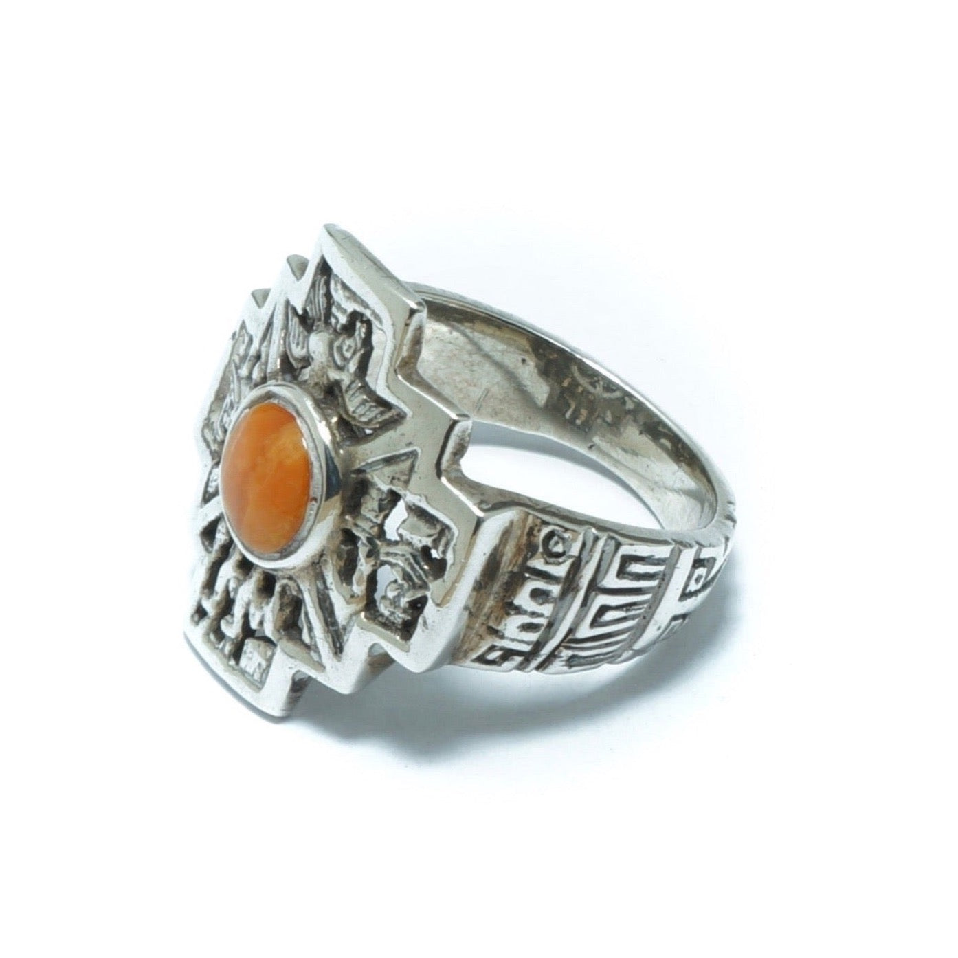 Chacana luxury solid silver ring with orange Spondylus shell - ITIncanTraditional