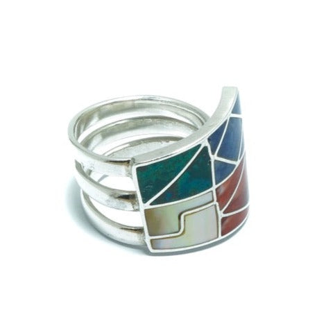 Geometrical silver ring with inlaid stones and shells - ITIncanTraditional