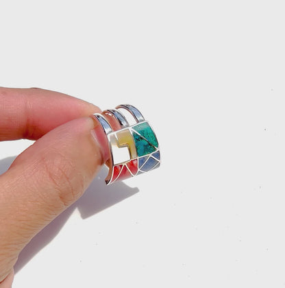 Geometrical silver ring with inlaid stones and shells