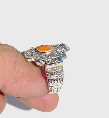 Anillo Chacana de lujo de plata maciza con concha de Spondylus naranja